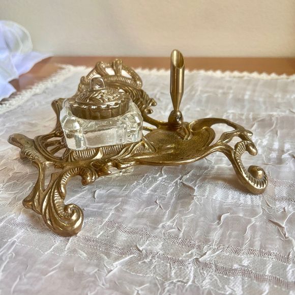 Victorian Brass Inkwell Circa 1870 - 1900 - Tangible Investments Vintage Brass Glass Inkwell, Victorian Style Desk Decor, Vintage Brass Decor